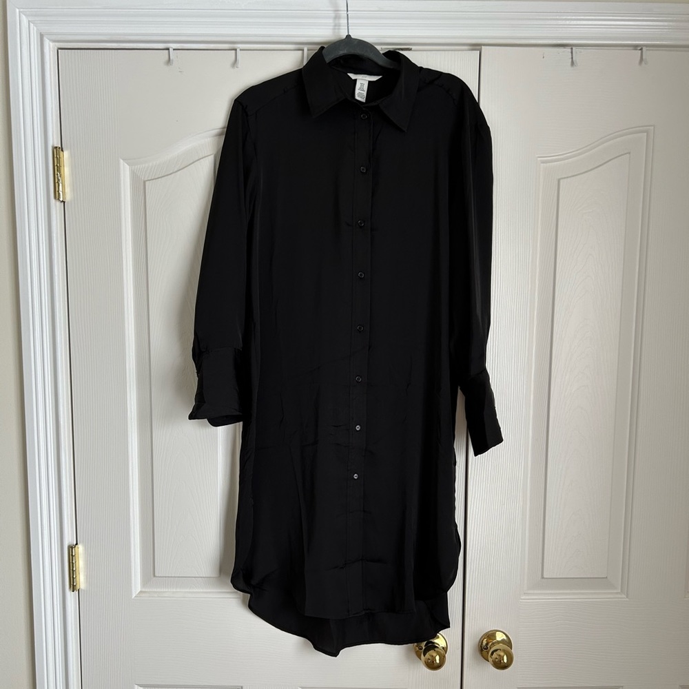 H&M black satin midi shirt dress